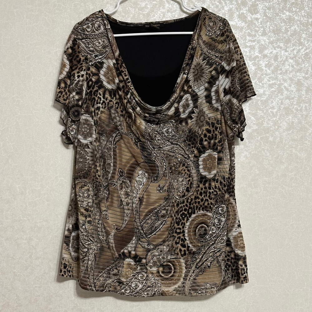 Susan Lawrence 2X Brown Paisley Leopard Print Cowl Neck Blouse Flutter Sleeve